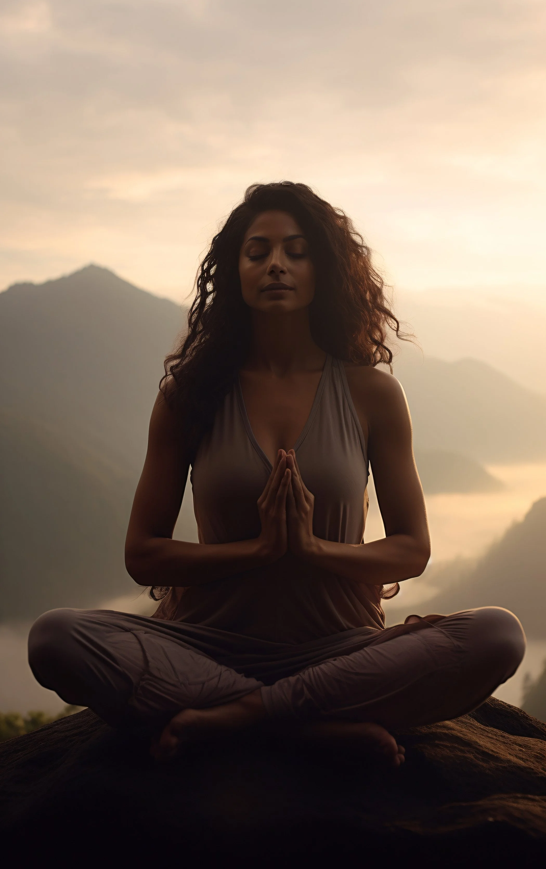 A woman practicing meditation outdoors at sunset, sitting cross-legged on a rock with hands in prayer position, eyes closed, with mountains in the background.