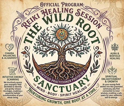Official program for The Wild Root Healing Session at the Sanctuary, featuring a tree with roots, surrounded by symbols and text mentioning reiki, chakra balancing, biofield healing, intuitive energy scanning, spiritual enlightenment, and growth.