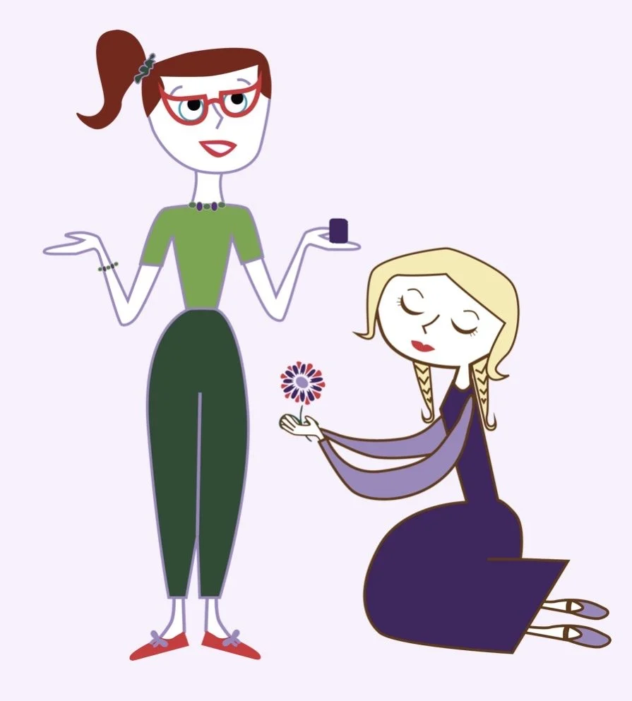 A cartoon illustration of two women, one with red hair, wearing glasses, a green top, and dark pants, holding a small dark object, and the other with blonde hair, kneeling, holding a flower, with her eyes closed.