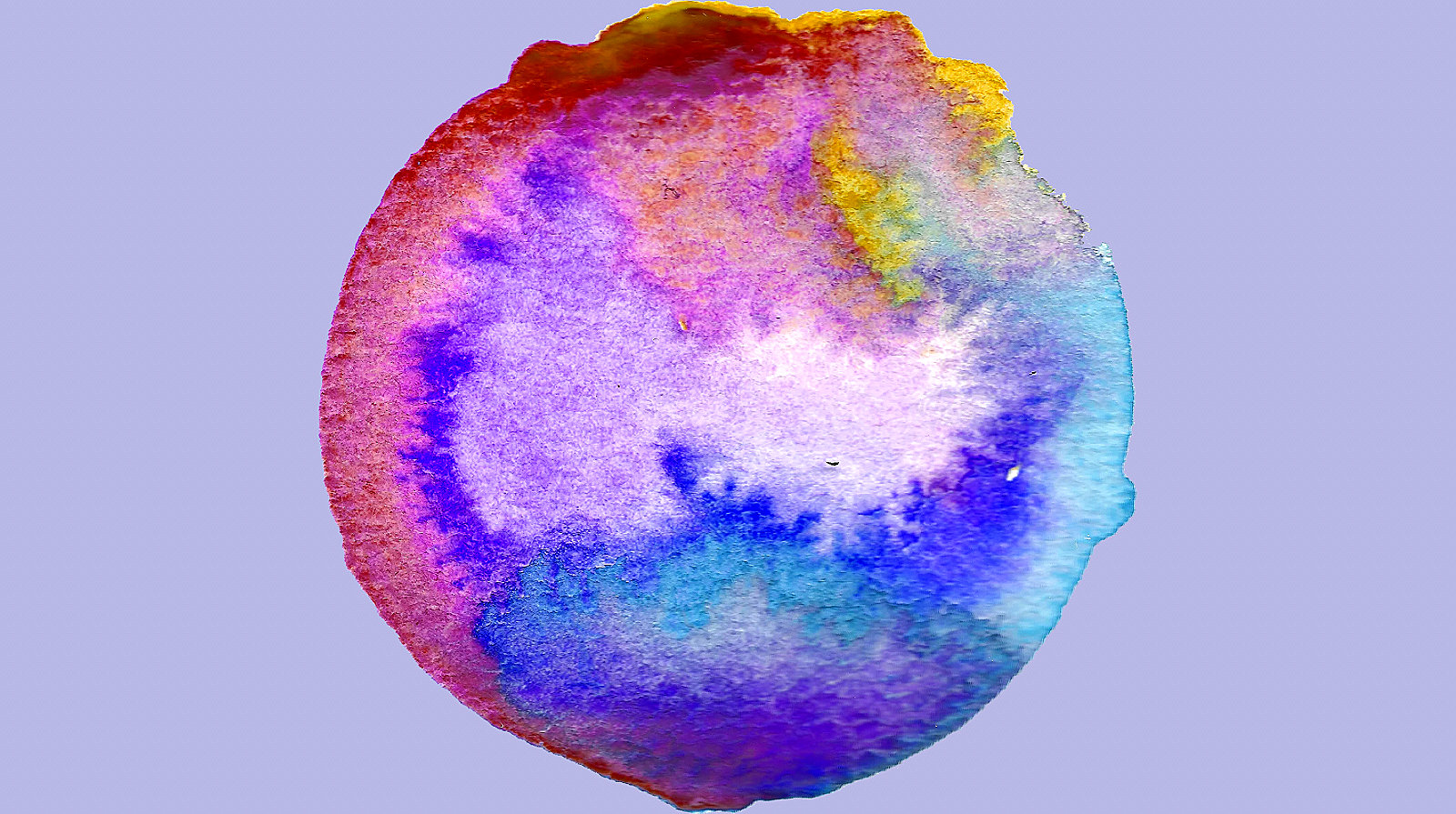 A close-up image of a round, textured watercolor painting with vibrant shades of purple, blue, pink, yellow, and green, against a plain light background.