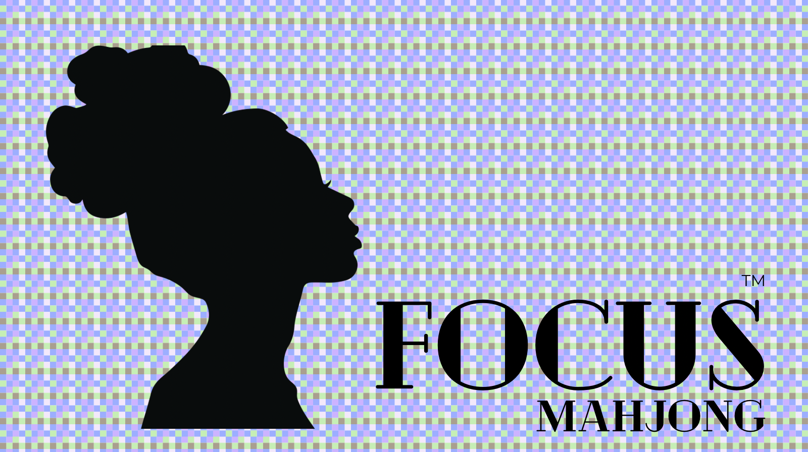Black silhouette of a woman with her hair styled in a bun next to the words "FOCUS MAHJONG" on a multicolored pixelated background.