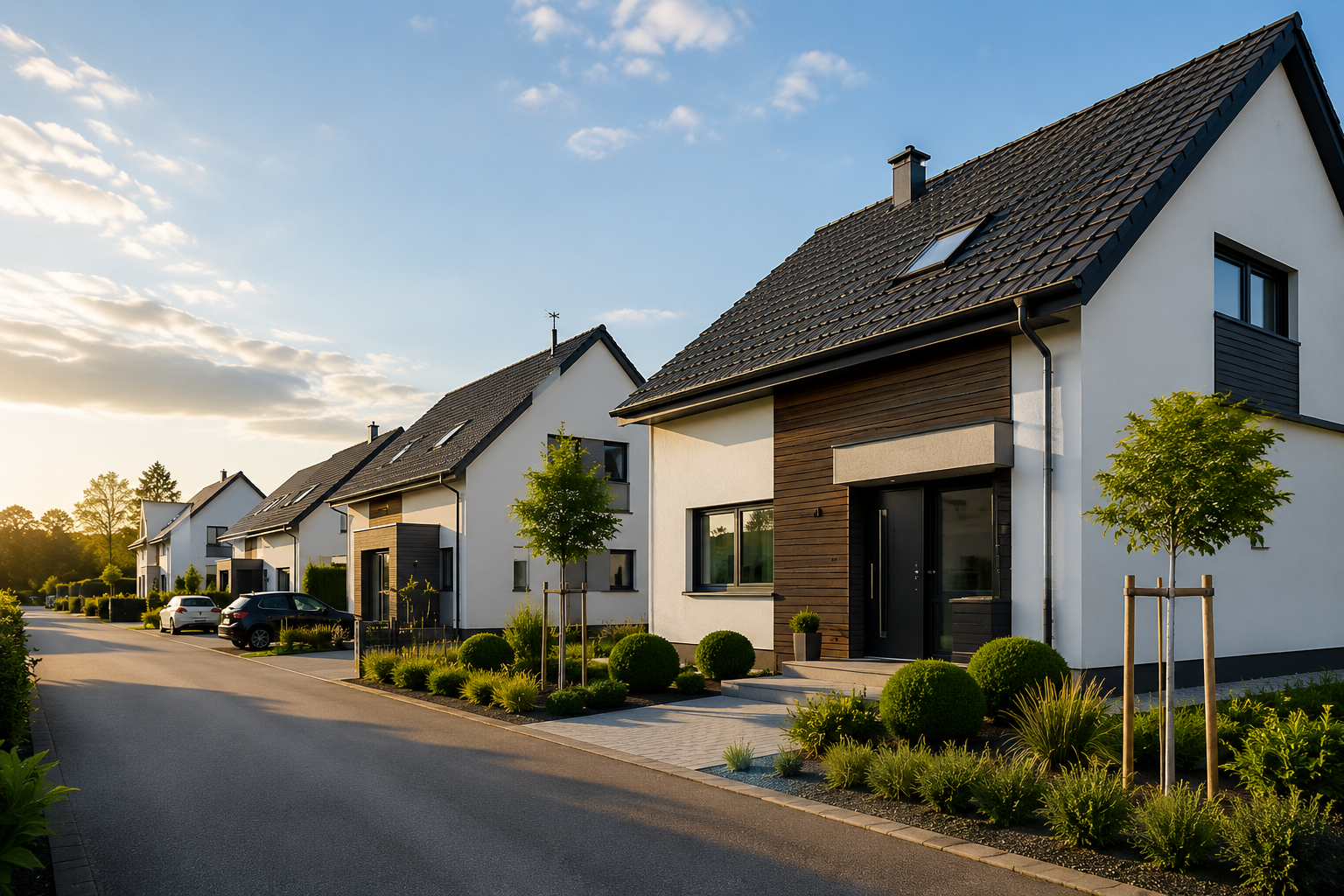 Moderne Reihenhäuser mit gepflegten Vorgärten entlang einer ruhigen Straße bei Sonnenuntergang.