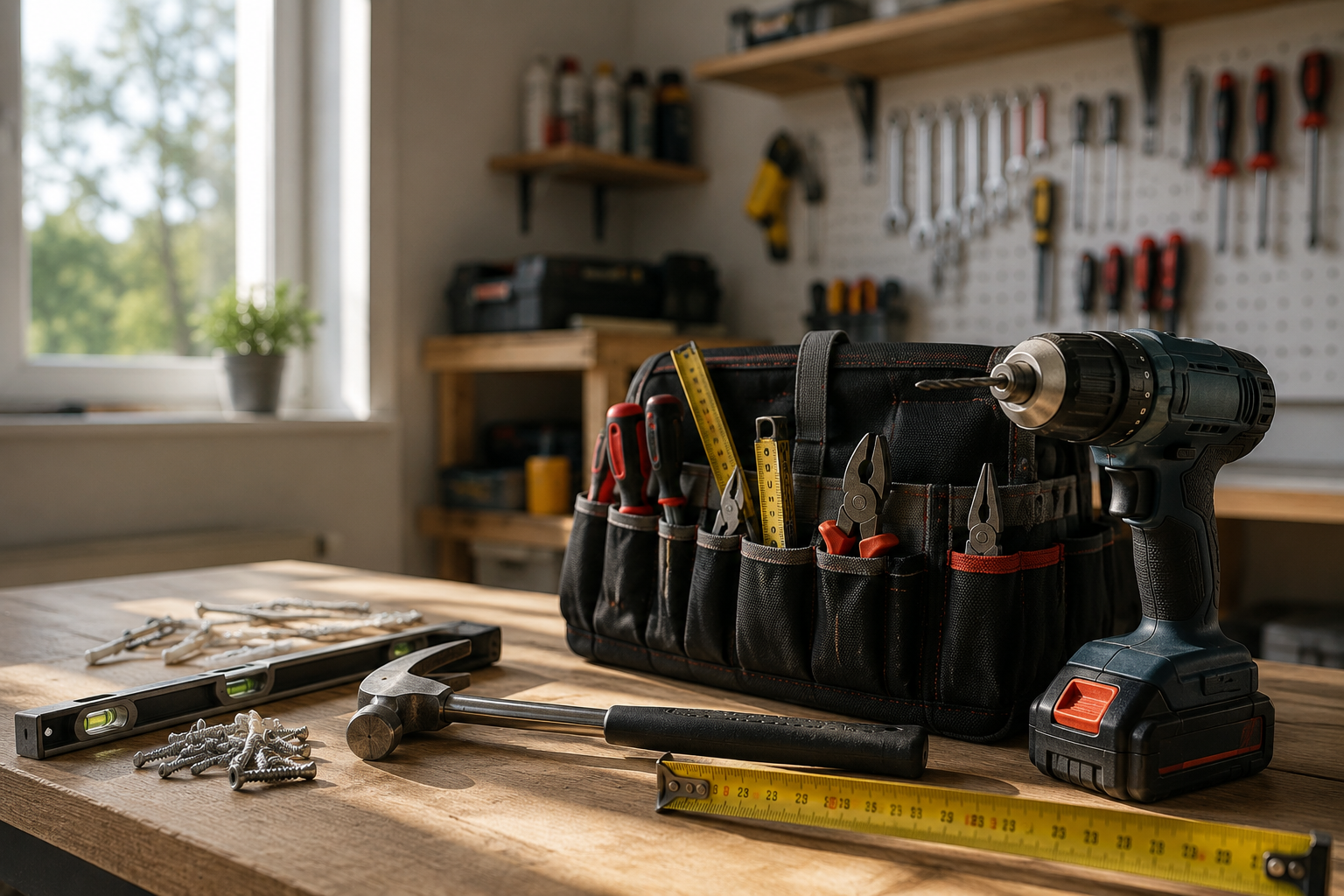 Werkzeugkasten mit Elektrowerkzeug, Schrauben, Hammer, Wasserwaage, Zangen, Schraubenzieher, und Messgerät auf einem Holztisch in einer Werkstatt.