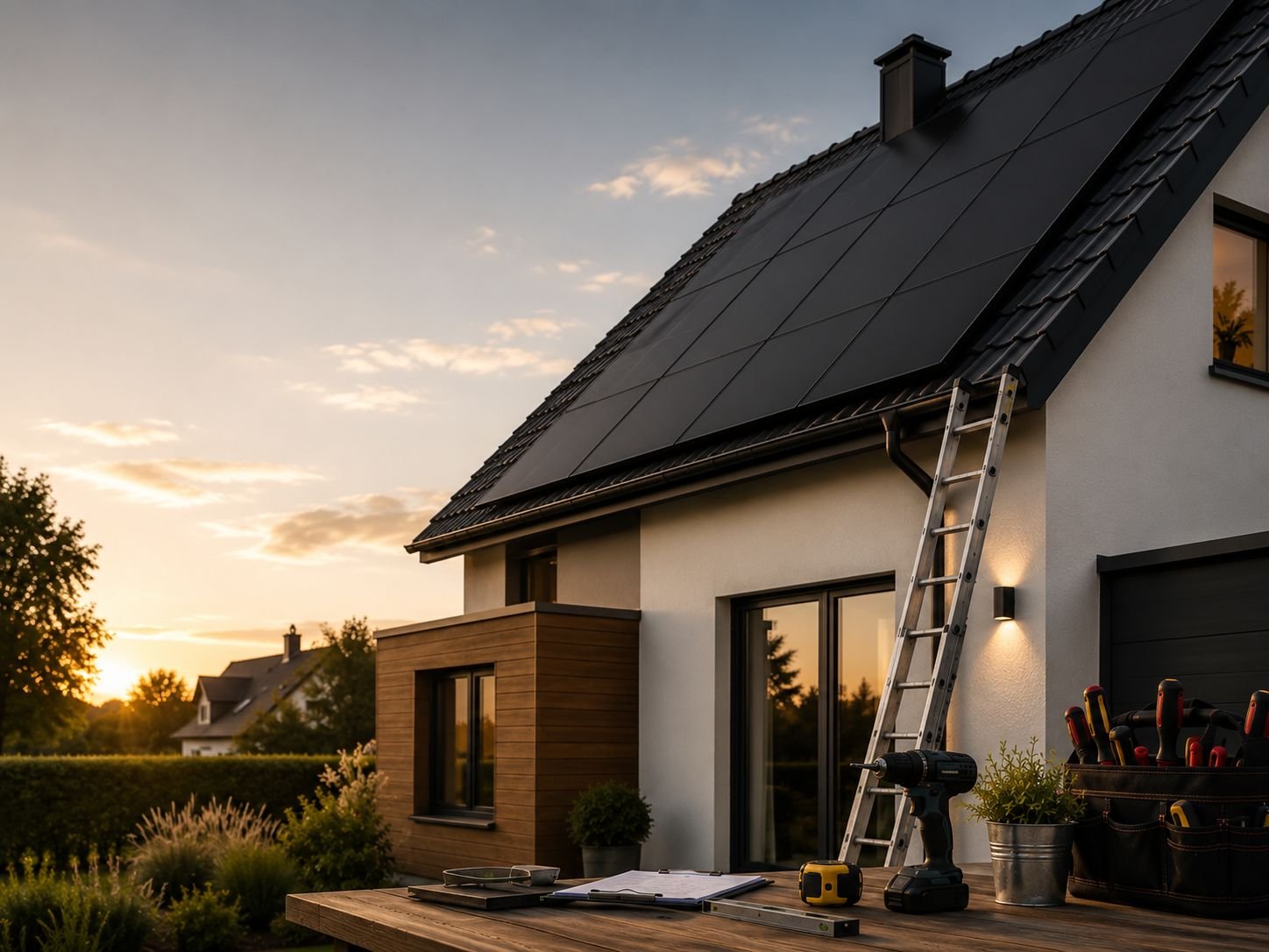 Ein Haus mit Solarmodulen auf dem Dach bei Sonnenuntergang, mit Werkzeugen und Pflanzen im Vordergrund.