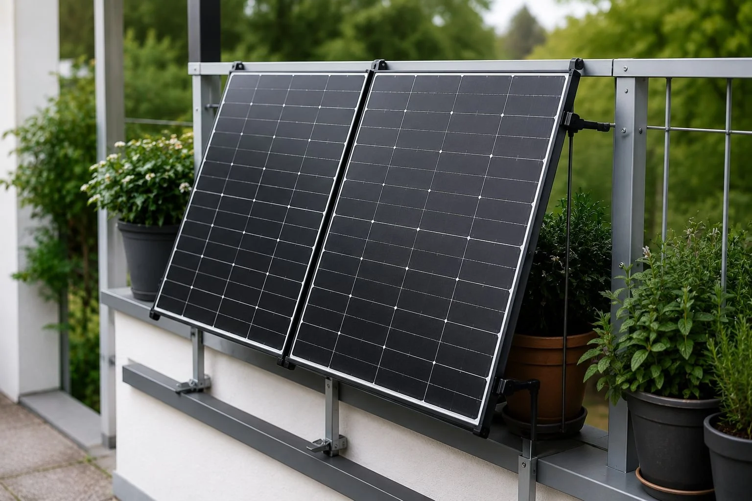 Zwei Solarmodule auf einem Balkon, umgeben von Grünpflanzen in Töpfen.