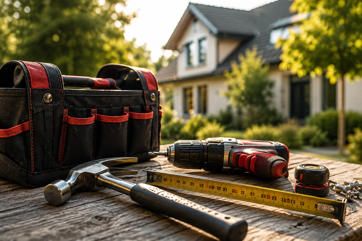 Werkzeug und Werkzeugtasche auf Holz Oberfläche im Garten, im Hintergrund ein Haus und Bäume, sonniges Wetter.