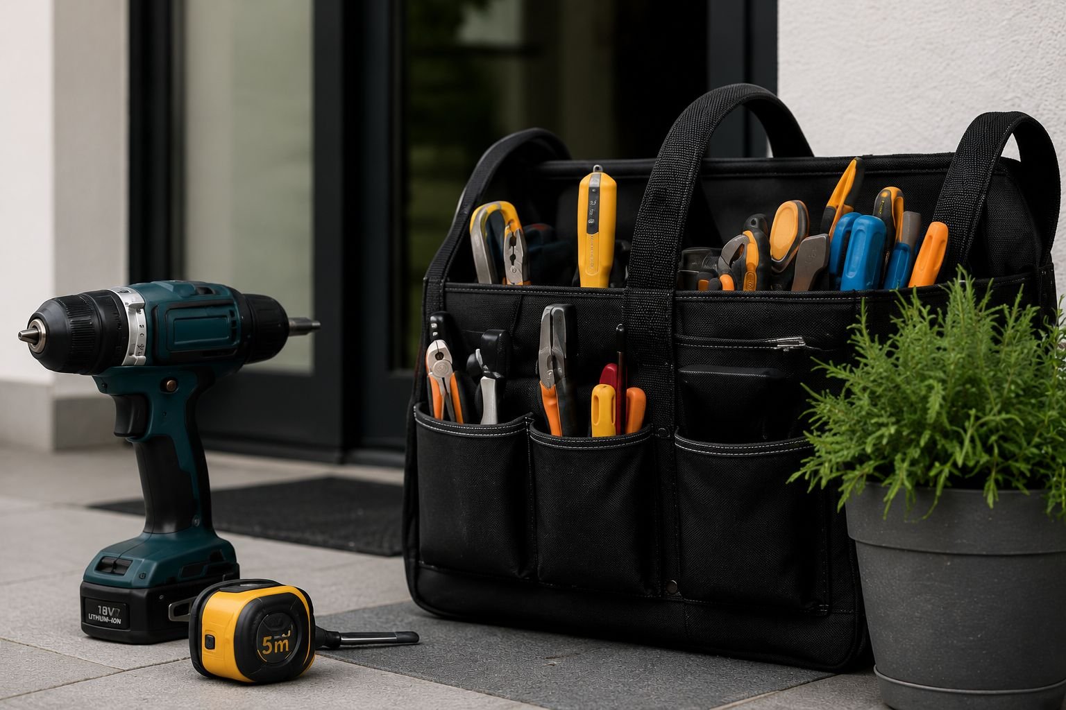 Werkzeugkoffer mit verschiedenen Werkzeugen, Akku-Bohrschrauber, Messgerät und Pflanzen auf einer Terrasse.