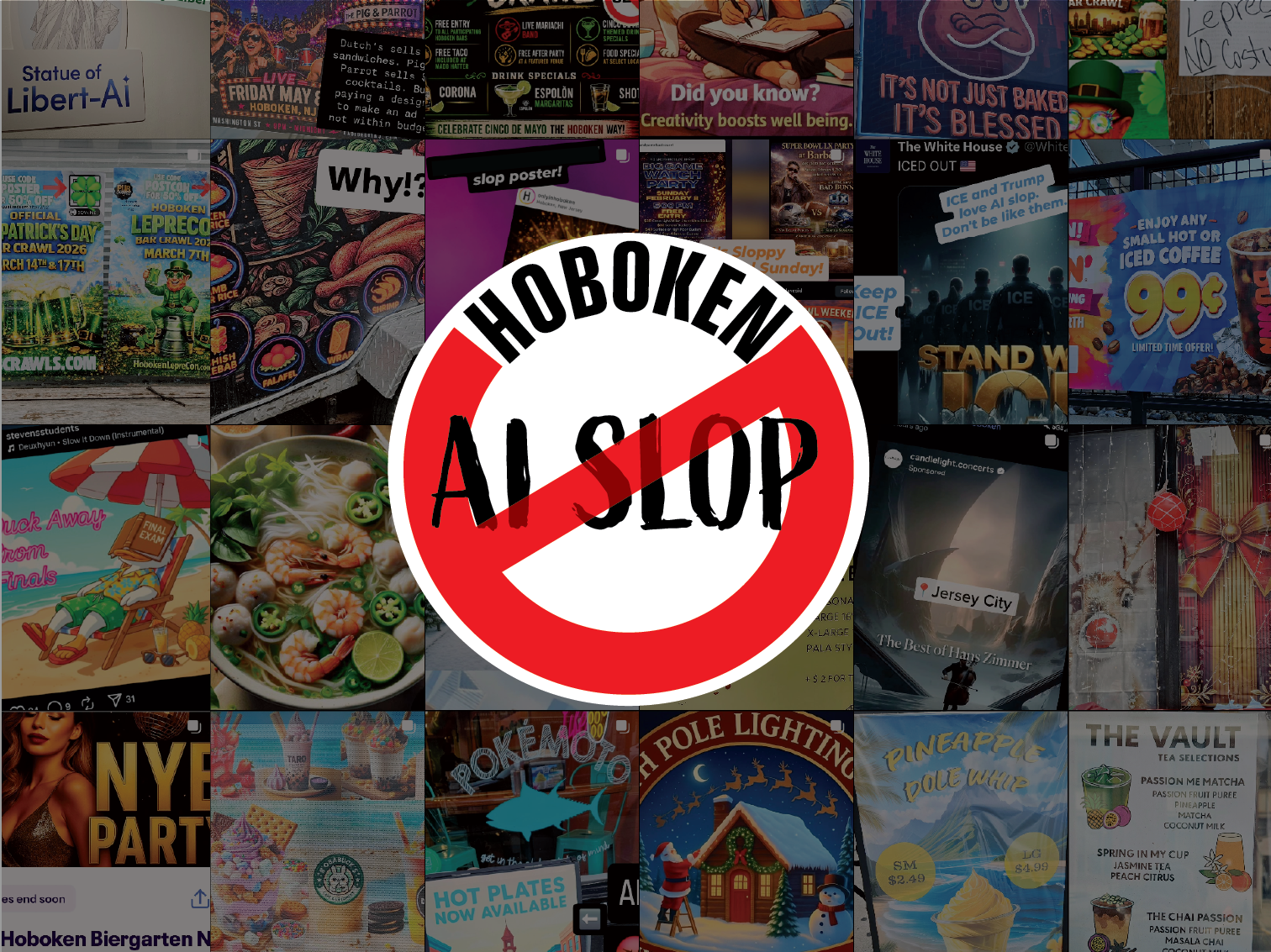 The logo for Hoboken AI slop sits on a collage of AI generated imagery found in Hoboken, New Jersey, and the surrounding areas.