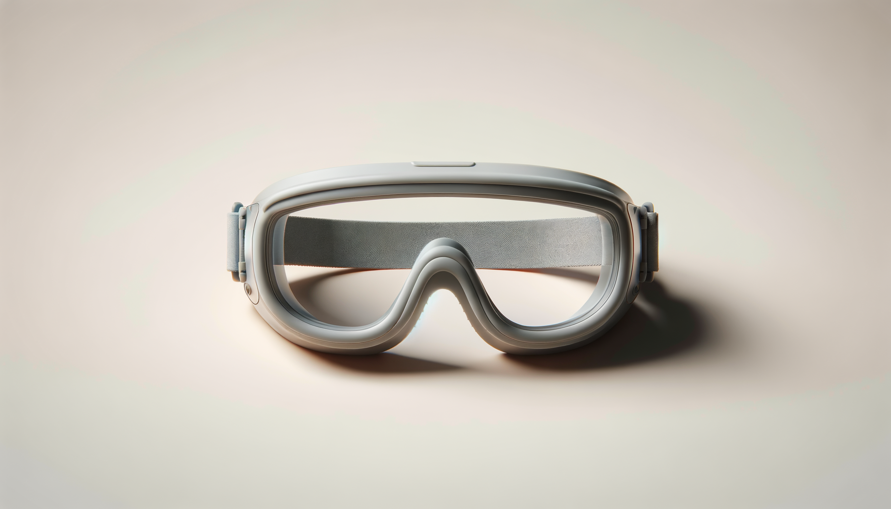 A pair of white goggles with a wide strap, set against a plain, light background.