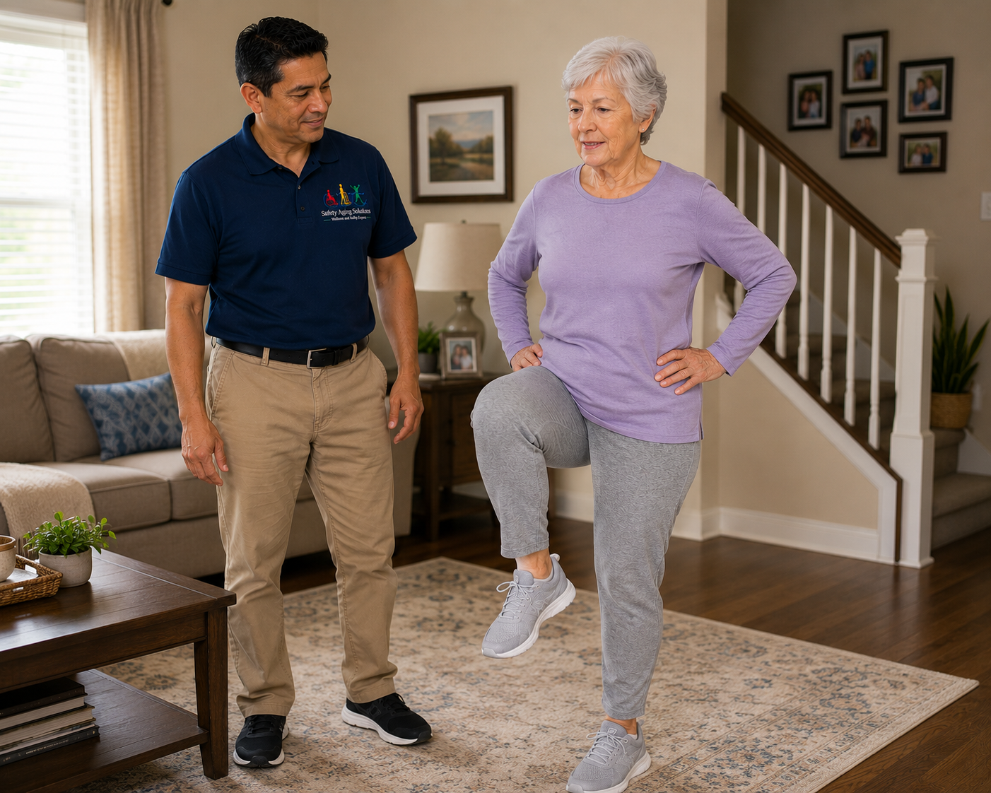 A woman in gray sweatpants and a lavender long-sleeve shirt practicing a knee lift exercise with assistance from a man in a navy polo and beige pants in a living room.