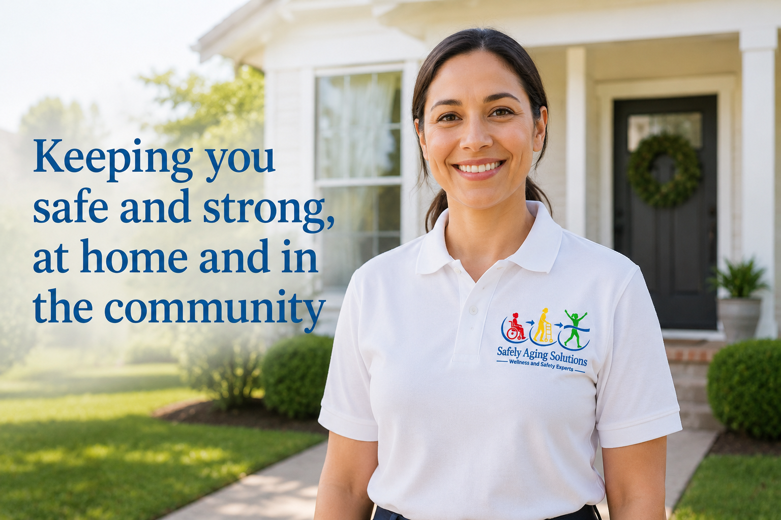 A smiling woman in a white polo shirt with a "Safely Aging Solutions" logo stands outside in front of a house with a front porch, bushes, and a wreath on the door. The text beside her reads, "Keeping you safe and strong, at home and in the community."
