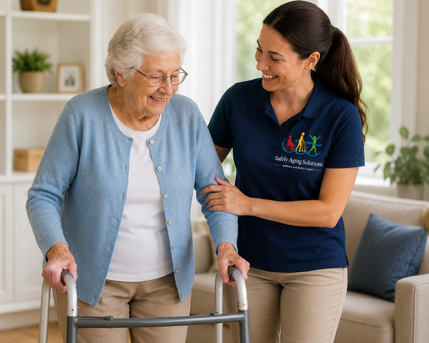 An elderly woman with white hair and glasses using a walker, being assisted by a smiling caregiver in a navy uniform with a logo that says 'Safely Aging Solutions' in a bright living room.