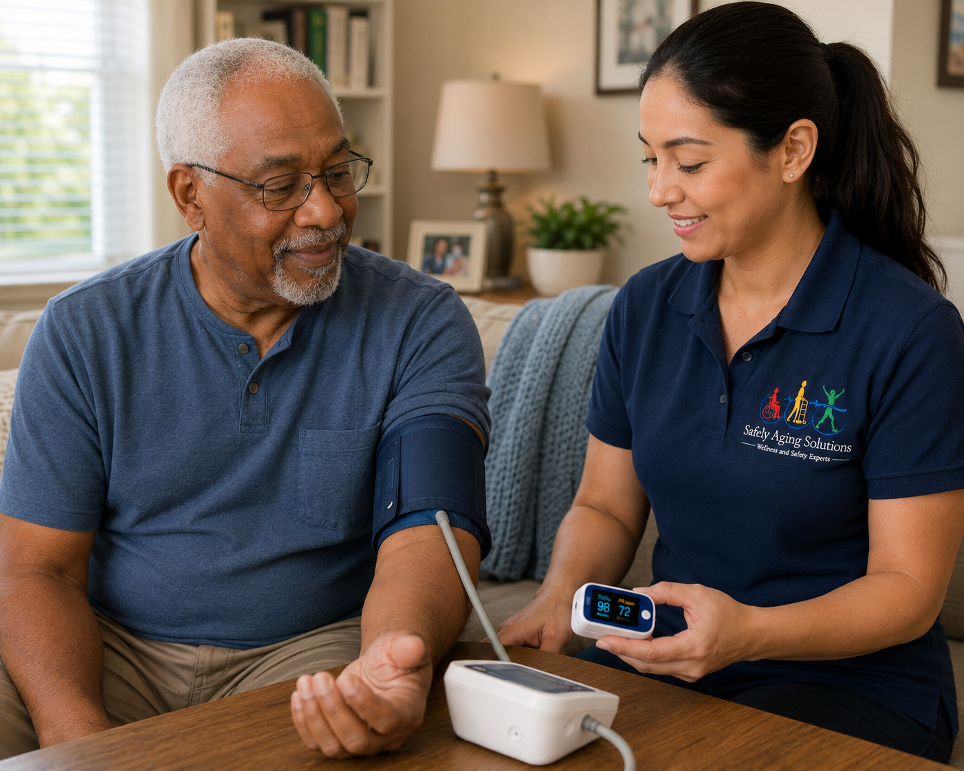 An elderly man with glasses and a gray beard having his blood pressure checked by a healthcare worker in a blue uniform, holding a pulse oximeter. The man is smiling and sitting on a couch in a home setting, with a window and framed photos in the background.