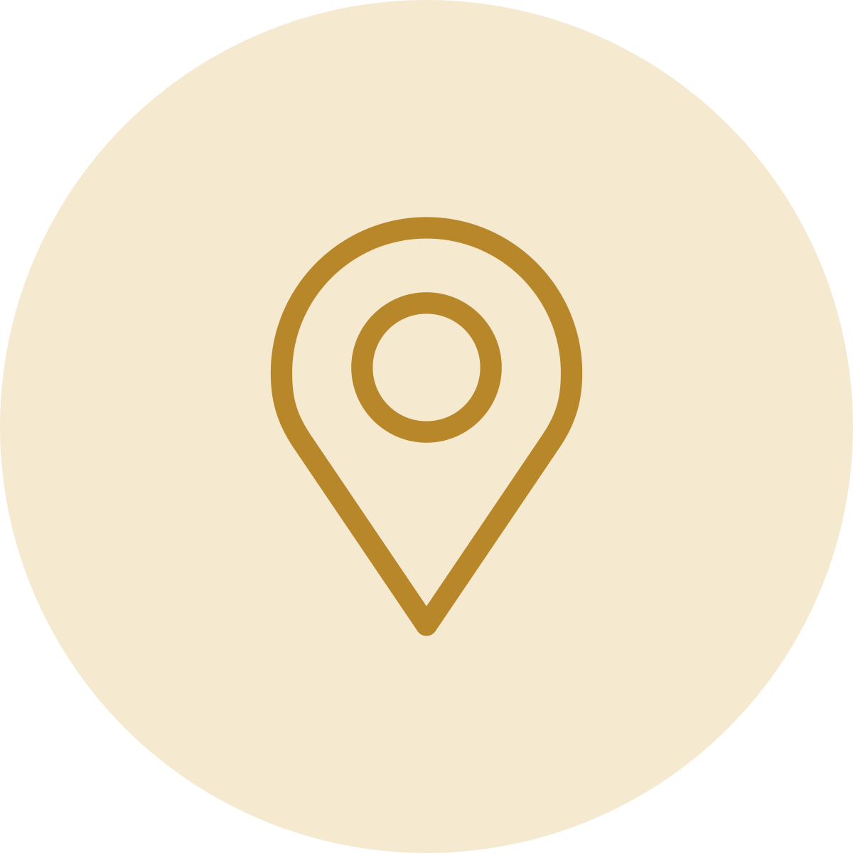 Map location pin icon on a beige circular background.