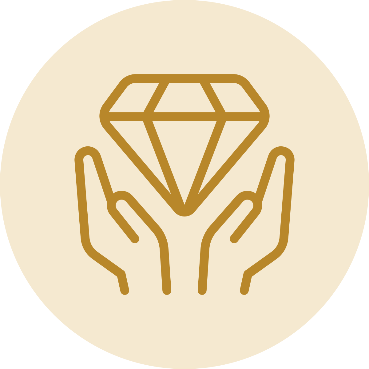 Minimalist line drawing of two hands holding a diamond, on a beige circular background.