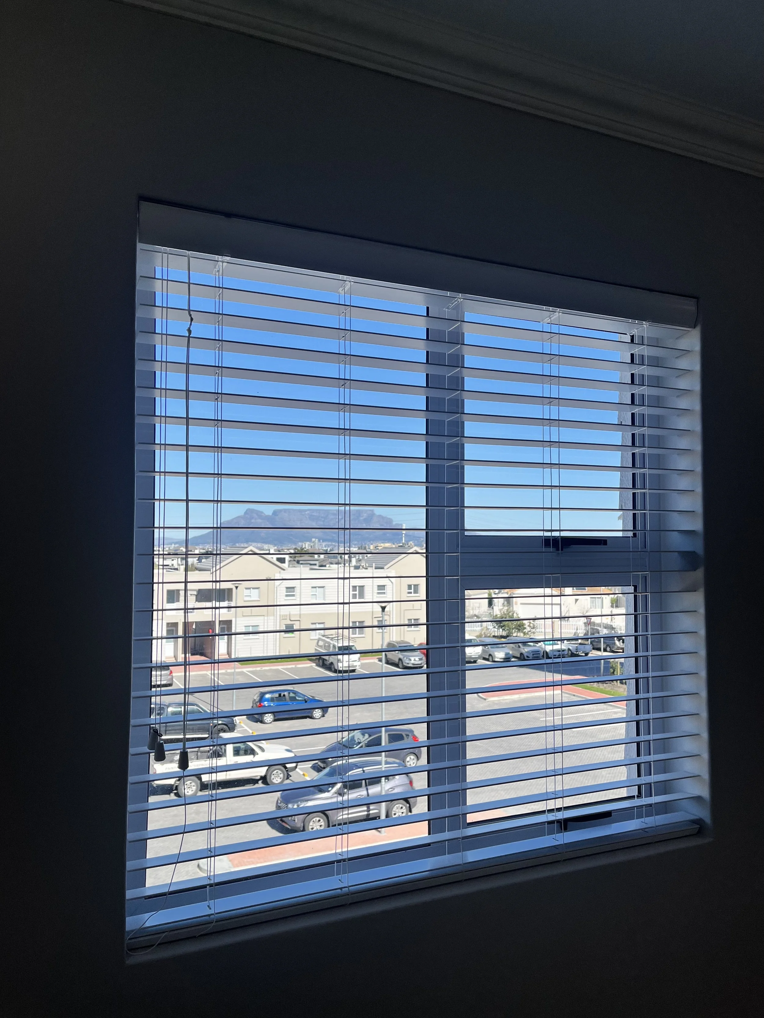 View through a window with horizontal blinds showing a parking lot with cars, buildings, and mountains in the distance under a clear blue sky.