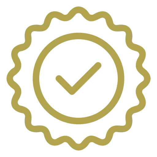 A gold badge with a check mark inside, symbolizing approval or certification.