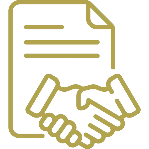 Graphic of a document with a handshake symbol below, indicating agreement or contract.