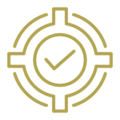 A gold checkmark inside a circle, surrounded by a crosshair or target symbol.