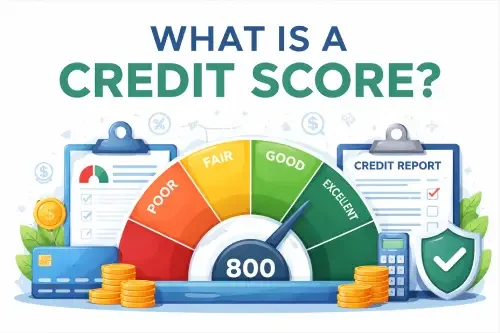 Graphic explaining credit scores with a gauge showing 800, labeled between poor and excellent, surrounded by credit report charts, coins, and a shield.