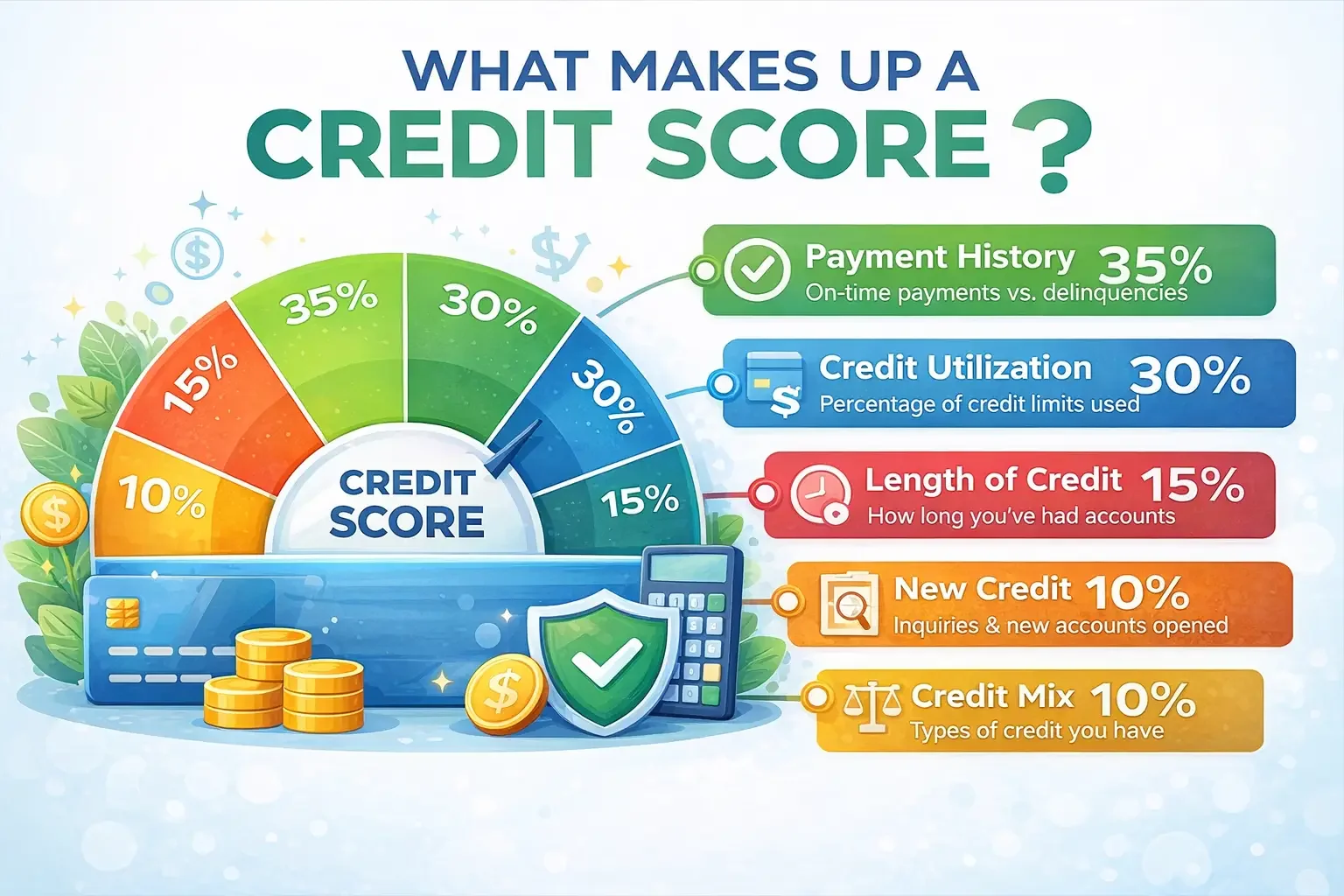 An infographic illustrating the components of credit scores with a semi-circular chart. It shows that 35% of a credit score is based on payment history, 30% on credit utilization, 15% on length of credit, 10% on new credit, and 10% on credit mix. The visual includes icons representing money, a shield, a clock, a magnifying glass, and scales, along with colorful leaves and dollar symbols.