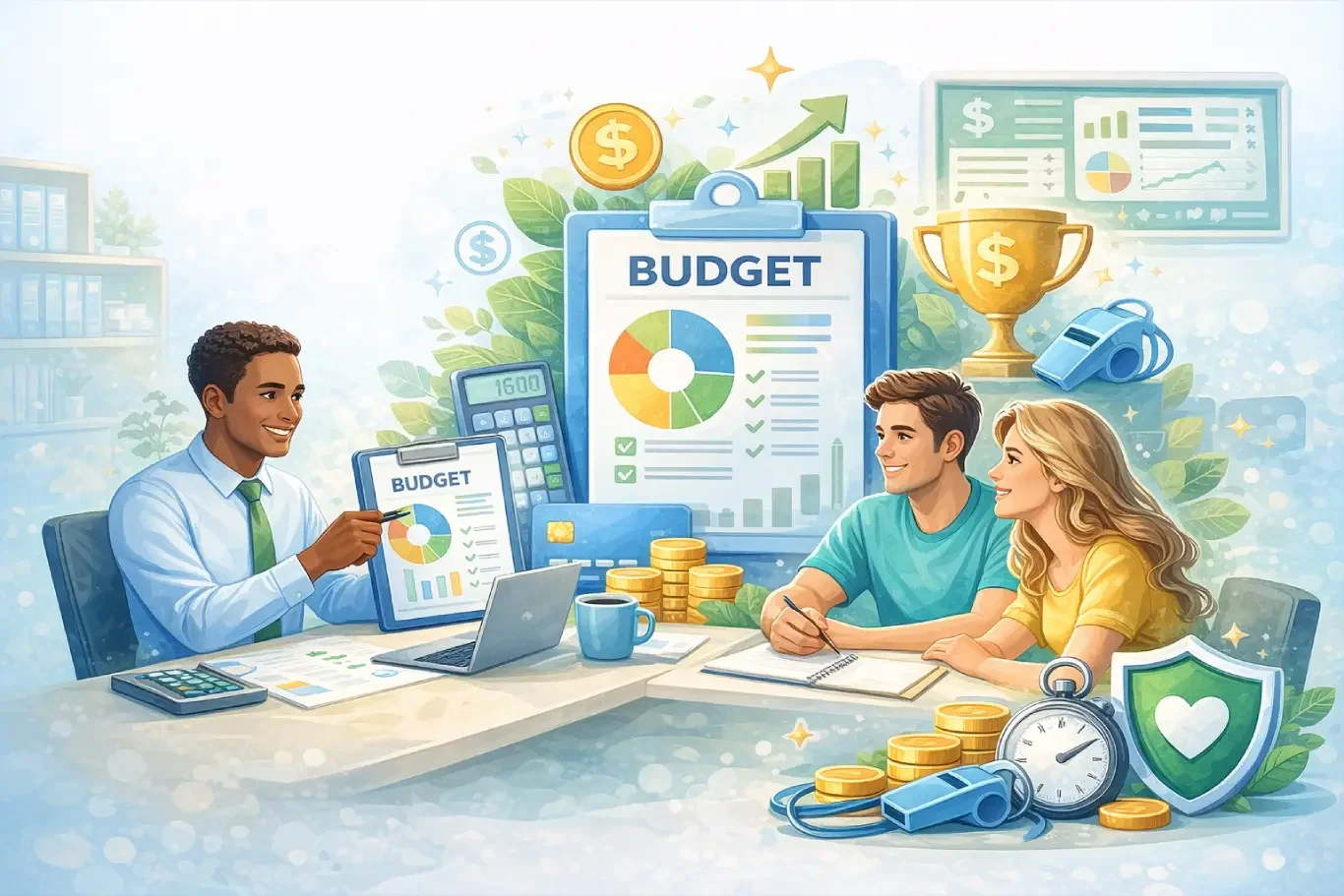 Three people discussing a budget at a meeting, with charts, a clipboard, calculator, coins, a stopwatch, and health shield icons on a table, emphasizing financial planning and budgeting.