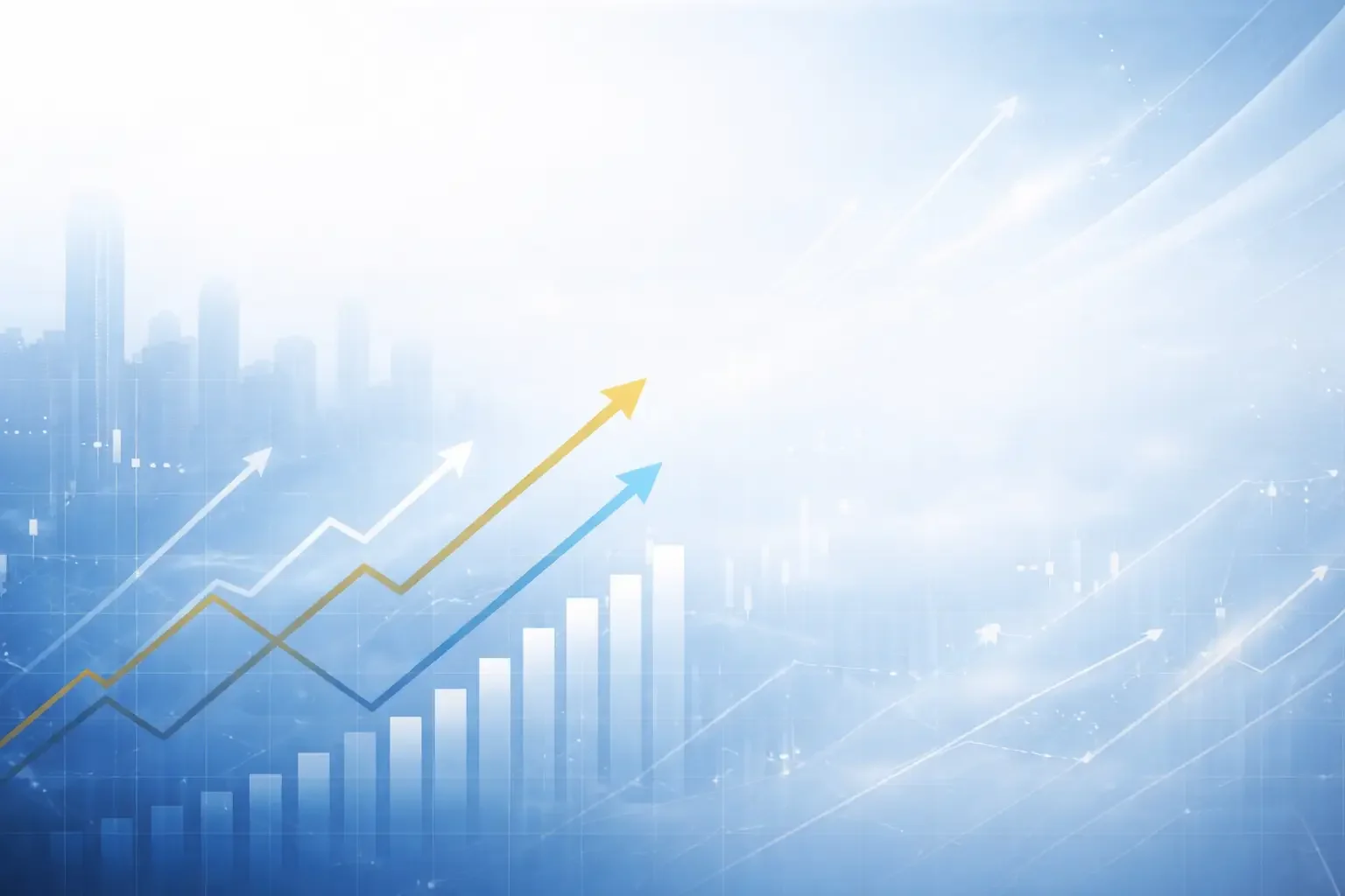 A digital image of a city skyline with upward trending arrows and bar graphs representing growth and statistics.