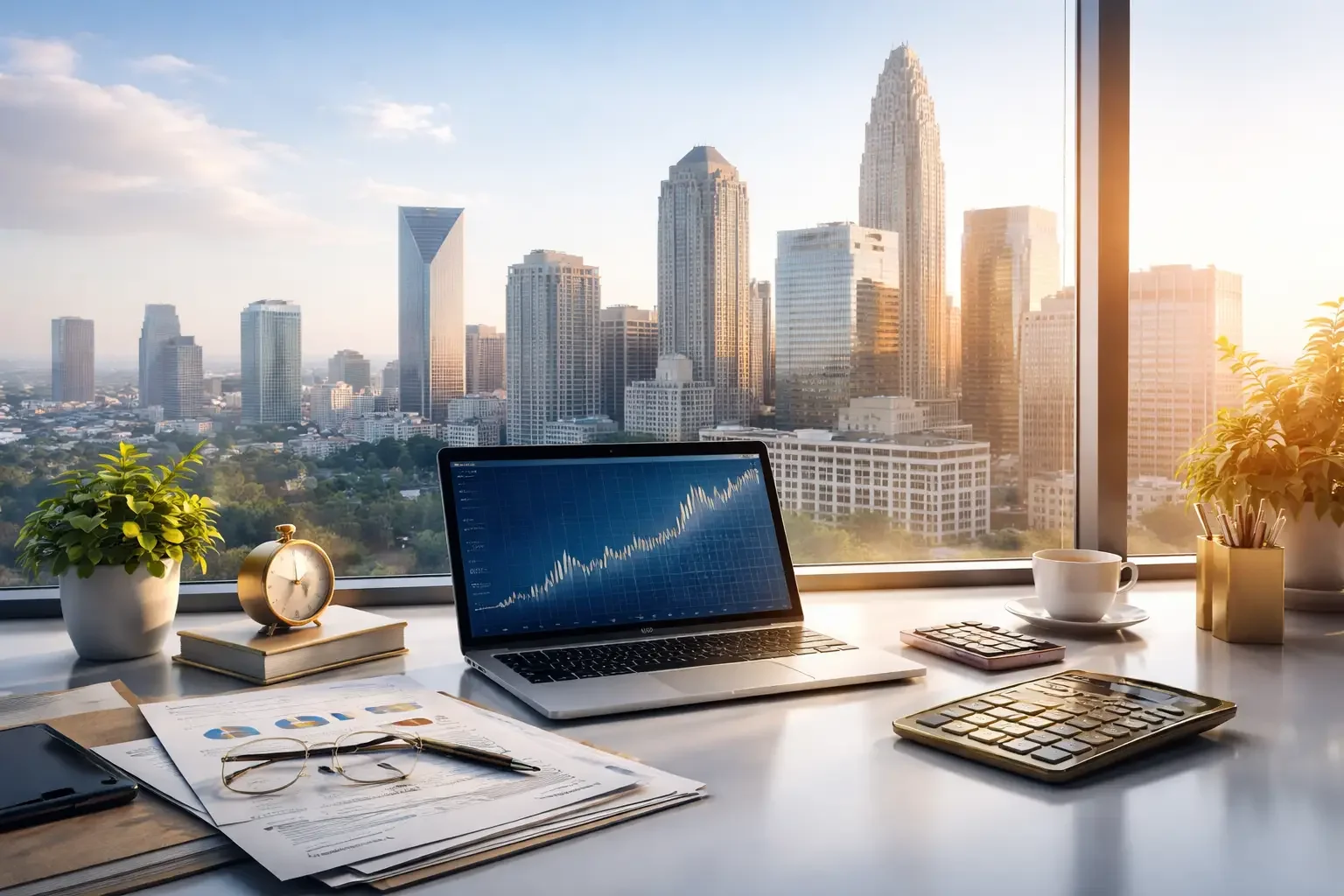 Office desk with laptop displaying a stock market chart, papers, glasses, a clock, a calculator, a smartphone, a cup, and plants, with a city skyline and sunset in the background.