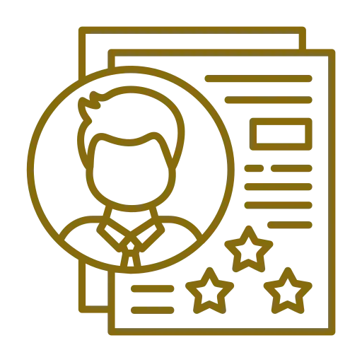 Icon of a person's profile and two documents with rating stars.