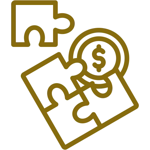 Puzzle pieces with a dollar sign, a house, and an arrow, symbolizing financial planning or investment puzzle.