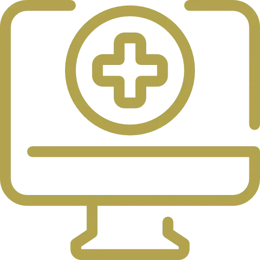 Medical monitor screen with a medical cross symbol.