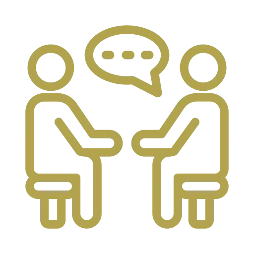 Two people sitting and having a conversation with a speech bubble above them.