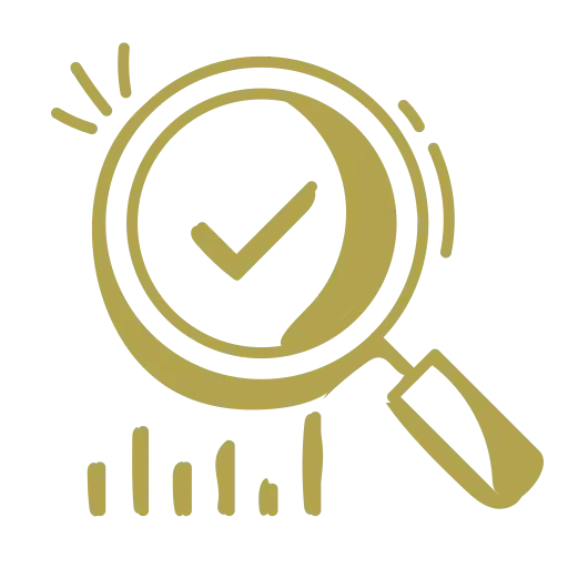 Magnifying glass with a checkmark inside, representing search or verification, and bar chart lines below.