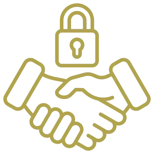 Outline icon of two hands shaking with a lock above them, symbolizing security or trust.