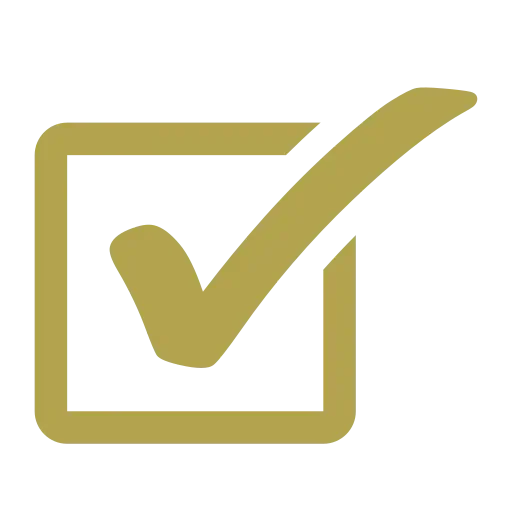 A gold checkmark inside a square box indicating completion or approval.