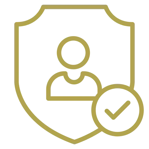 Outline of a person inside a shield with a check mark in a circle at the bottom right.