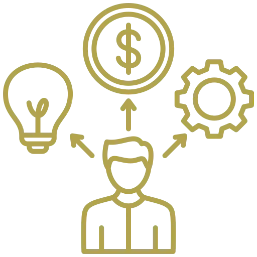 Illustration of a person connected to a lightbulb, a dollar sign, and a gear, representing ideas, finance, and technology.