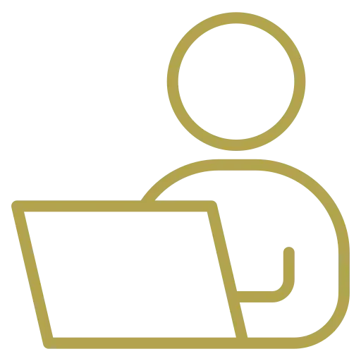 Outline illustration of a person using a laptop, with a circle representing the head and simple lines for the body and the laptop.