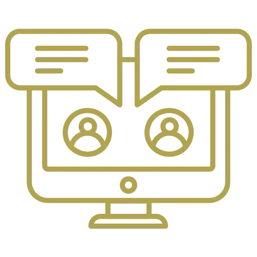 Outline of a computer monitor with two speech bubbles above it, each containing a sad face emoji, representing online communication or social media discussions.