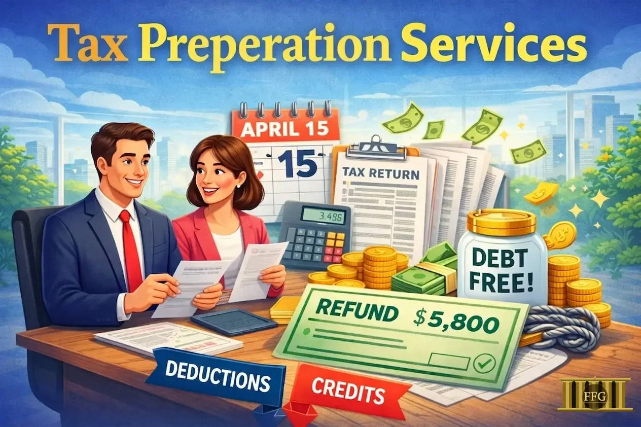 Illustration of two people at a desk discussing tax preparation services. The desk is covered with financial documents, a calculator, and money, with a calendar showing April 15. Excerpts of tax forms and a large refund check for $5,800 are visible. Background features cityscape and trees.
