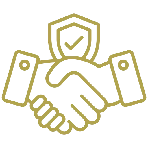 Outline of a handshake with a shield bearing a checkmark above it, symbolizing security and agreement.