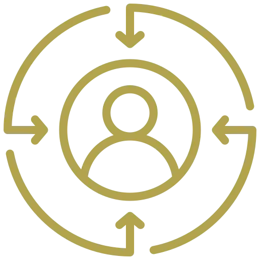 Icon depicting a person at the center with four arrows surrounding them pointing outward in a circular motion.