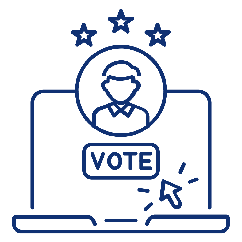 Illustration of a person voting online on a computer, with a 'Vote' button and three stars above, symbolizing voting or election participation.