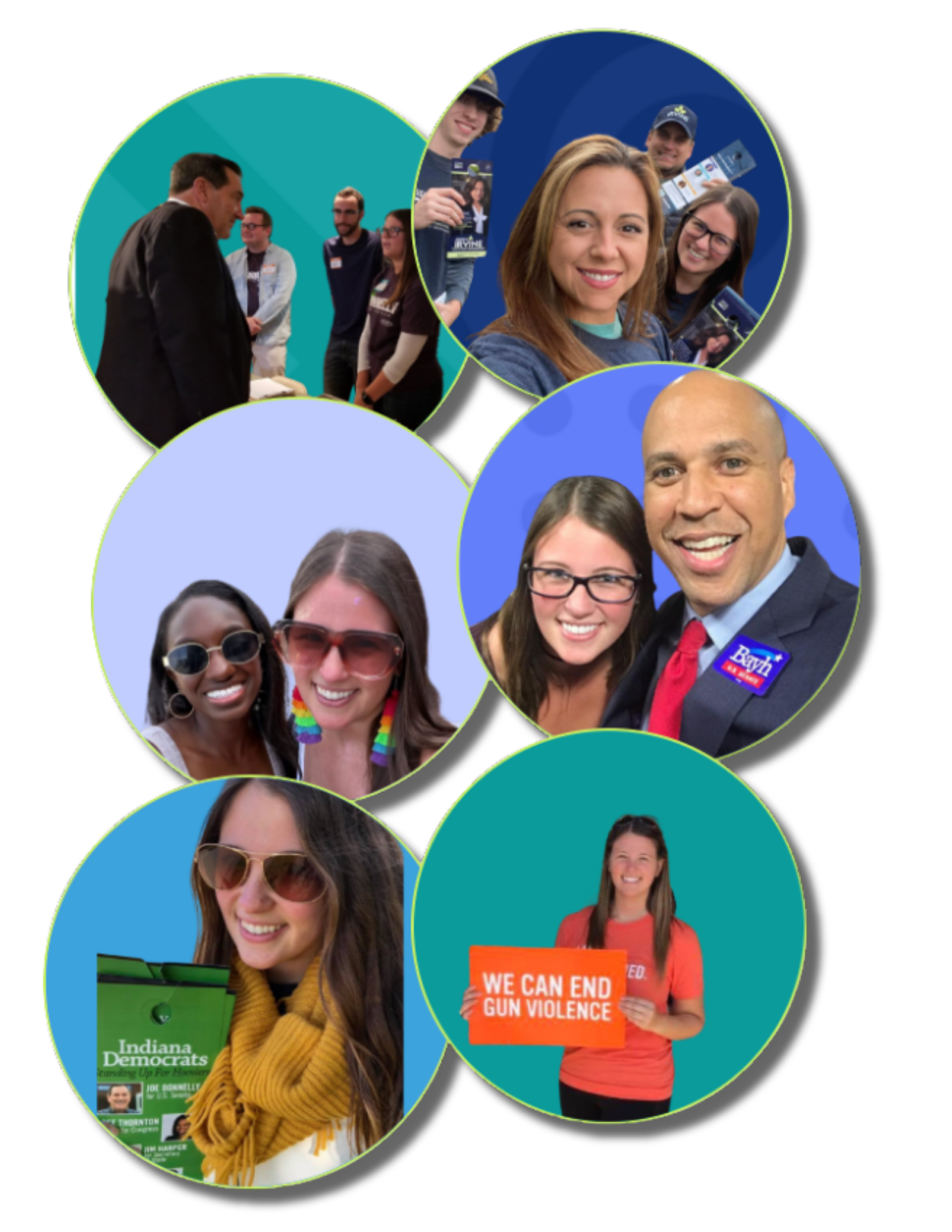 Group of diverse people at a public gathering, some holding signs advocating for gun violence prevention and voting rights, smiling and engaging with each other.