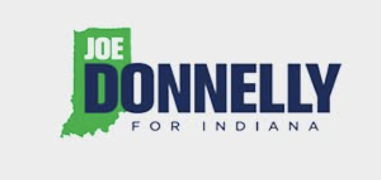 Joe Donnelly for Indiana campaign logo with a green outline of Indiana, the name 'Joe Donnelly' in bold, with 'Joe' in white on a green background and 'Donnelly' in blue, and the text 'For Indiana' underneath.