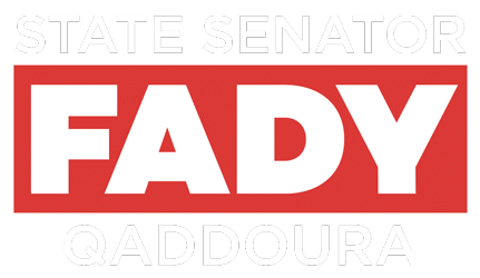 Political campaign sign with black, white, and red colors, displaying the text 'State Senator Fady Gaddoura'.