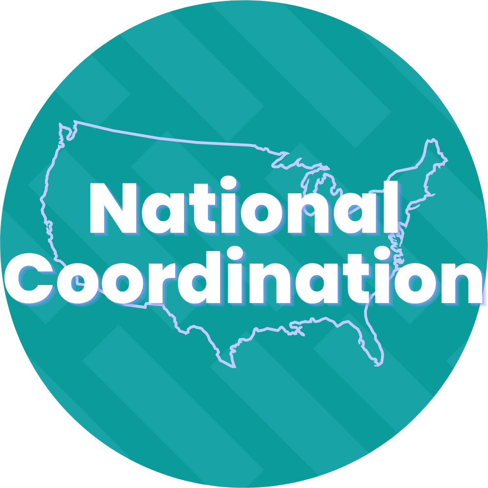 A circular logo with a teal background, an outline of the United States map, and the text 'National Coordination' in white with a blue shadow.