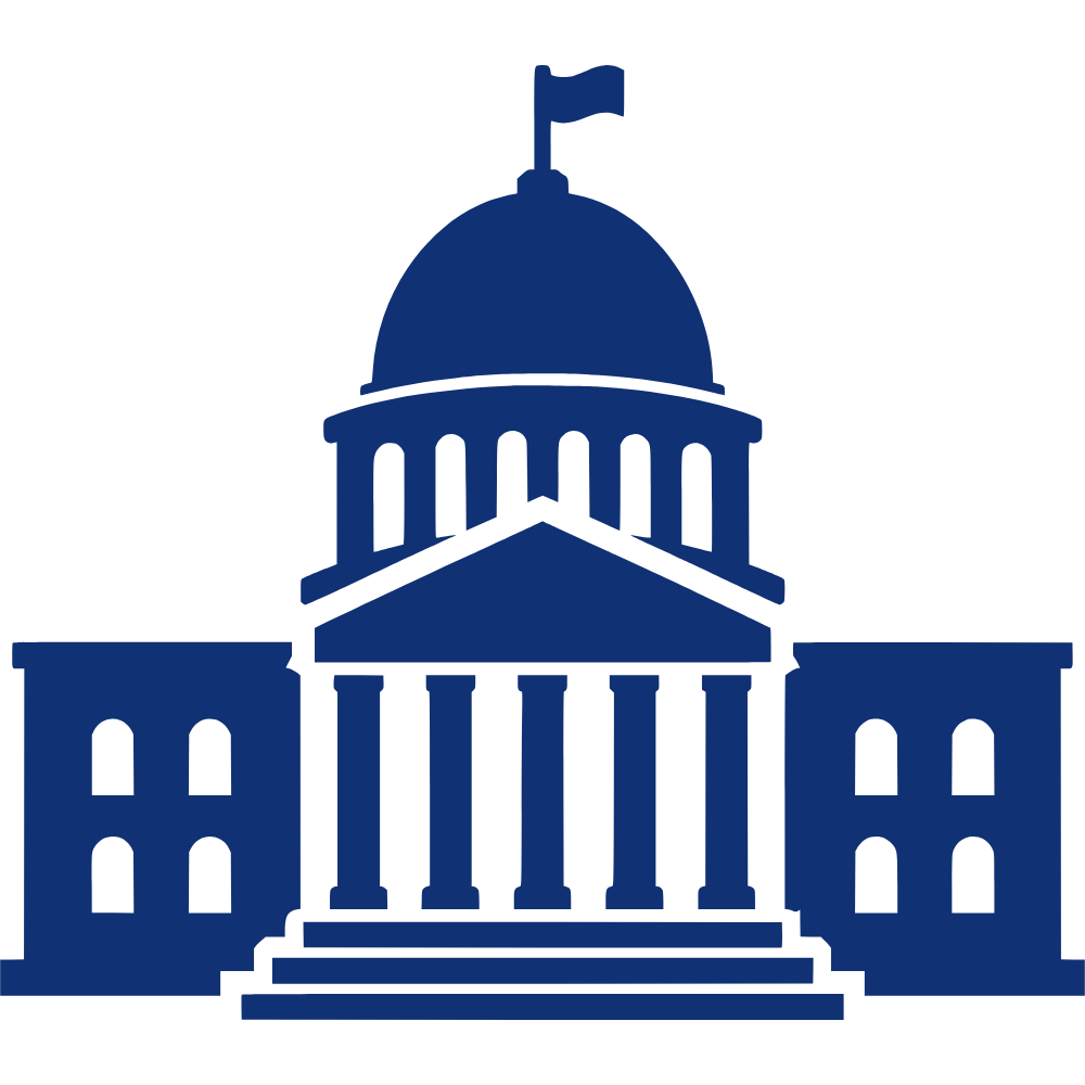 A simple, stylized blue icon of a government building with a dome and flag on top, featuring steps leading up to the entrance.