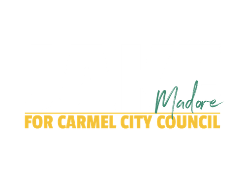 Campaign logo for JAKE Madore for Carmel City Council, with bold white, green, and gold text.