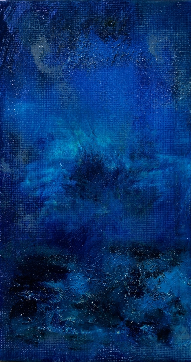 Abstract painting with various shades of blue, textured surface with various brushstrokes and layered acrylic paint.